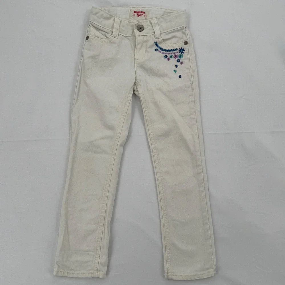 Vtg Y2K OshKosh Bgosh Girls Pants Off White Floral Embroidery Straight Leg Sz 5
